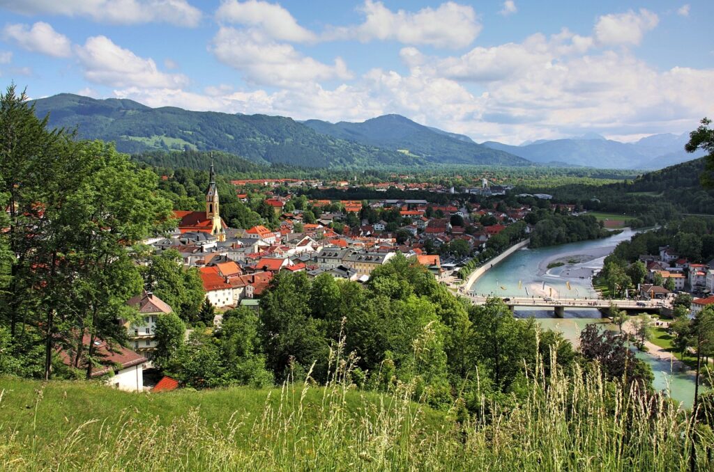 travel, tree, panorama, nature, waters, city, house, architecture, hill, landscape, heaven, tourism, summer, flow, sightseeing, panoramic image, bad tölz germany, bavaria