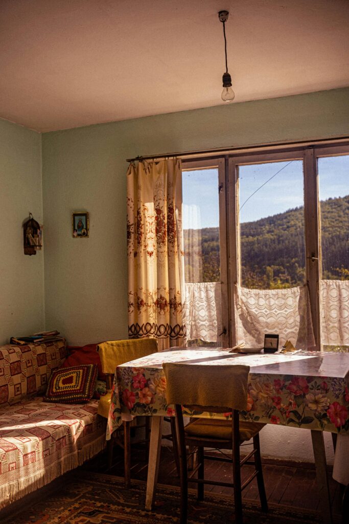 A charming living room with vintage decor and a beautiful outdoor view.